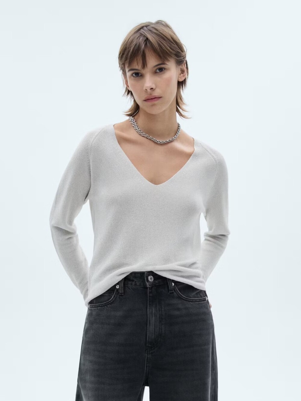 MANGO V-Neck Lurex Fine Knit Sweater White Silver Size S